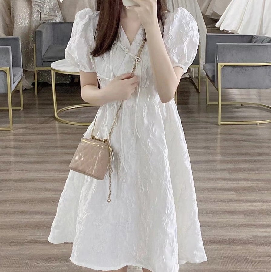 French Style White V-neck Puff Sleeve Dress for Women