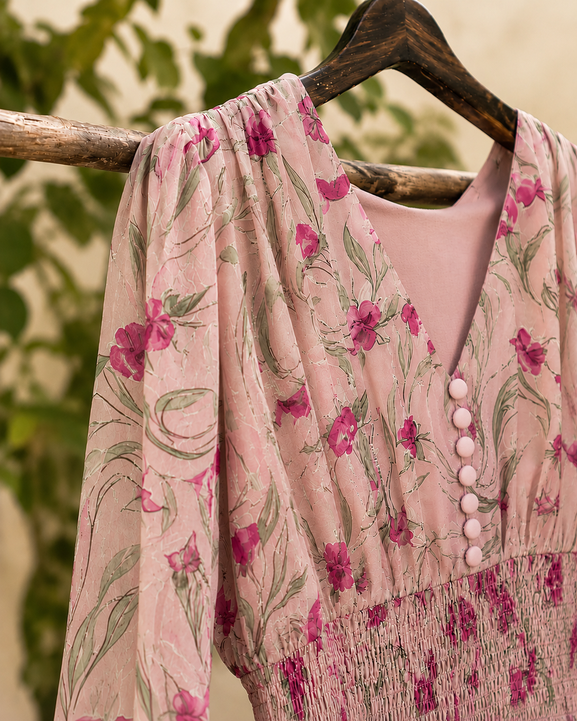 Vintage Floral Maxi Dress – Long Sleeve Smocked Waist Dress