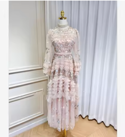 French Fairy Heavy Embroidery Floral Long Dress