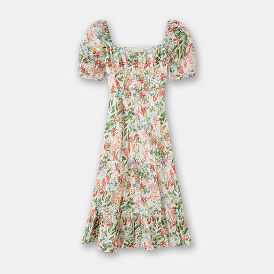 Floral Print Puff Sleeve Linen Mid-Length Dress