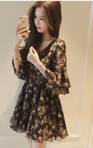 Chic Floral Print Chiffon Dress - Elegant A-line Style