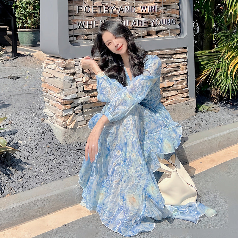 Starry Sky Blue Chiffon Long Sleeve Dress