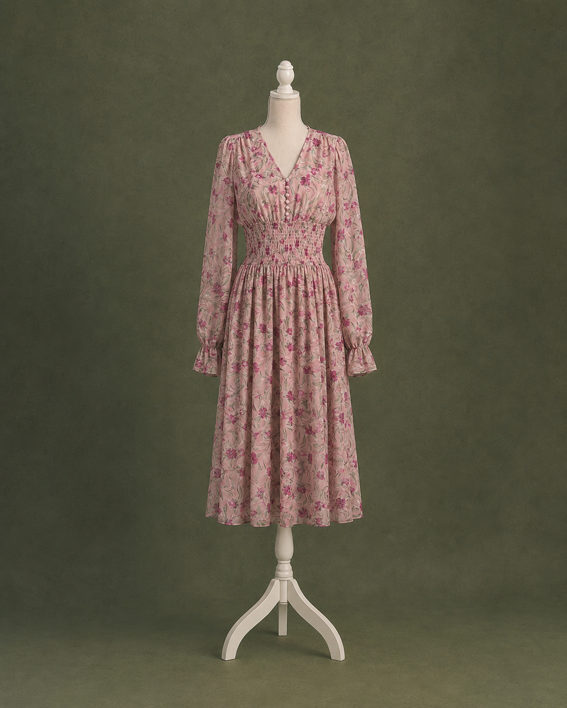 Vintage Floral Maxi Dress – Long Sleeve Smocked Waist Dress