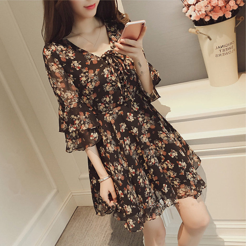 Chic Floral Print Chiffon Dress - Elegant A-line Style