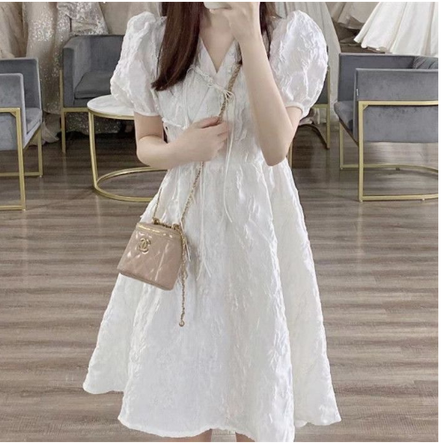 French Style White V-neck Puff Sleeve Dress for Women