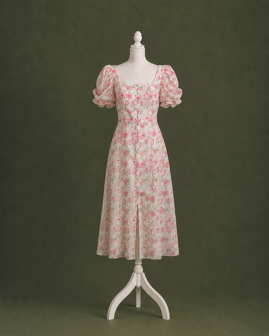 Soft Pink Watercolor Floral Midi Dress