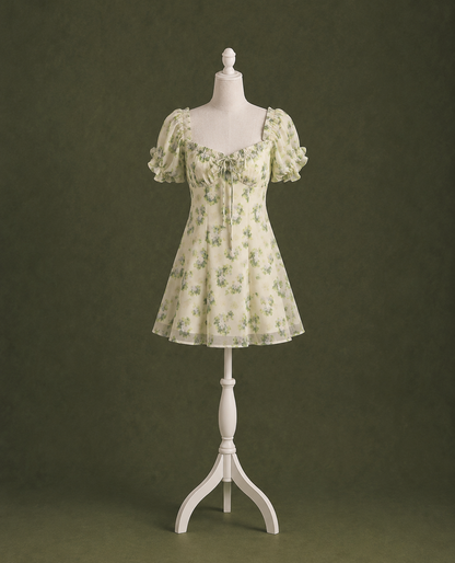 Cottagecore Green Floral Mini Dress