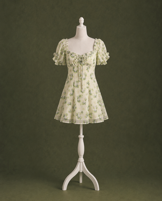 Cottagecore Green Floral Mini Dress