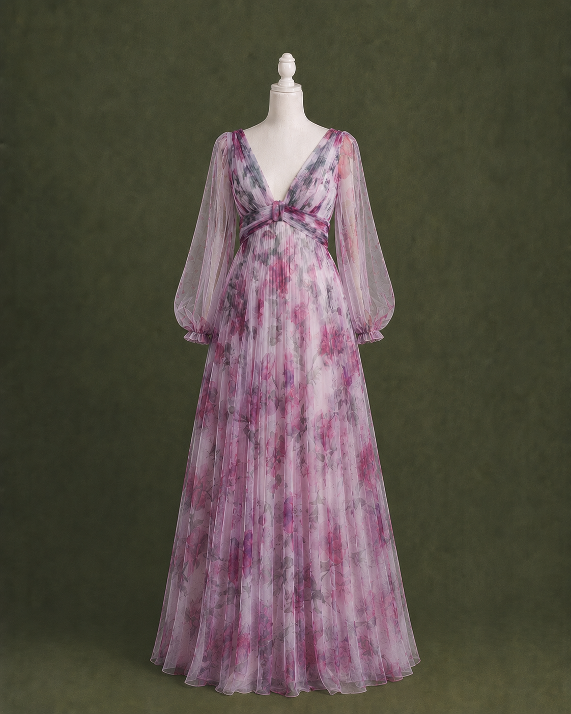 Watercolor Floral Tulle & Chiffon Maxi Dress with Sheer Sleeves