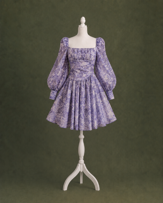 Lavender Floral Print Mini Dress with Puff Sleeves