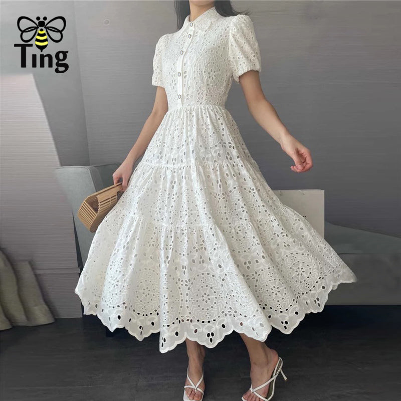 Tingfly Vintage Elegant Women Summer Embroidery Midi Dress