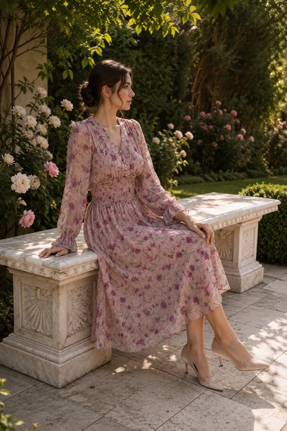 Vintage Floral Maxi Dress – Long Sleeve Smocked Waist Dress