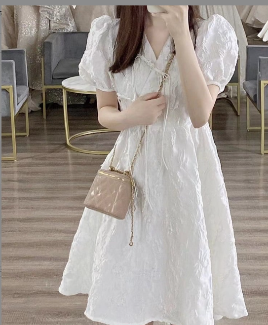 French Style White V-neck Puff Sleeve Dress for Women