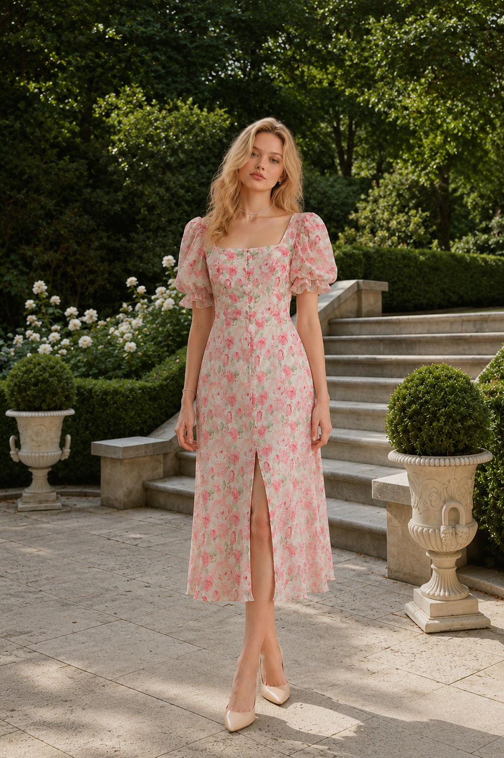 Soft Pink Watercolor Floral Midi Dress