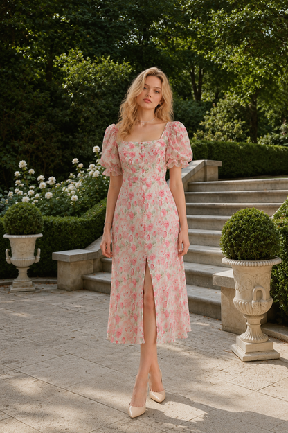 Soft Pink Watercolor Floral Midi Dress