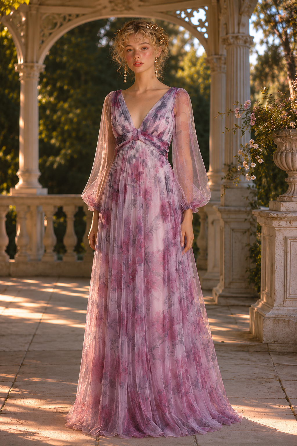 Watercolor Floral Tulle & Chiffon Maxi Dress with Sheer Sleeves