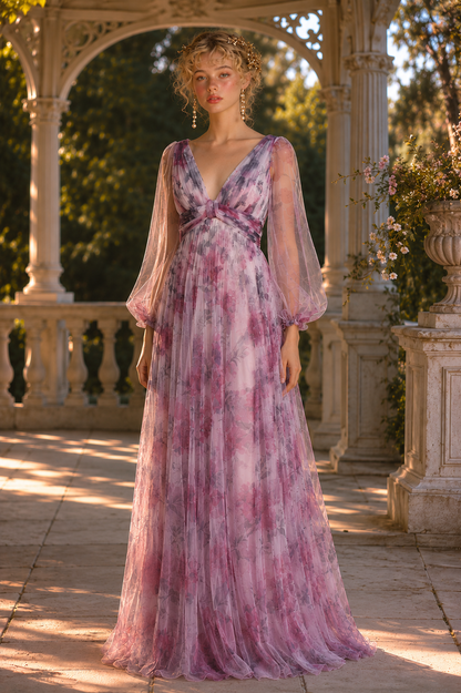 Watercolor Floral Tulle & Chiffon Maxi Dress with Sheer Sleeves