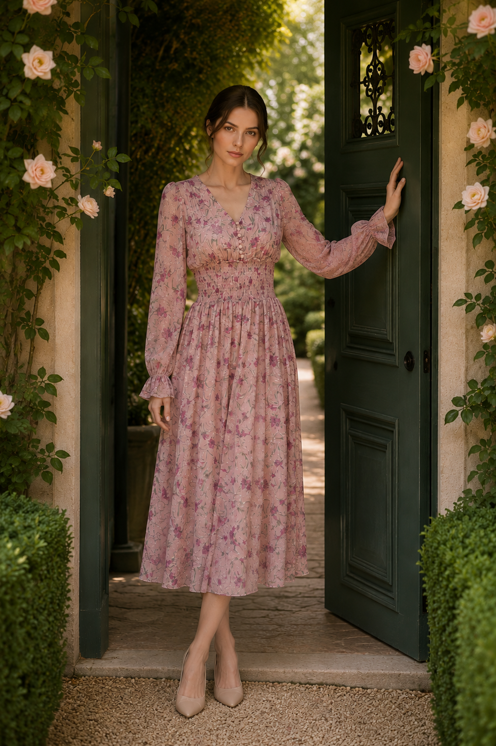 Vintage Floral Maxi Dress – Long Sleeve Smocked Waist Dress