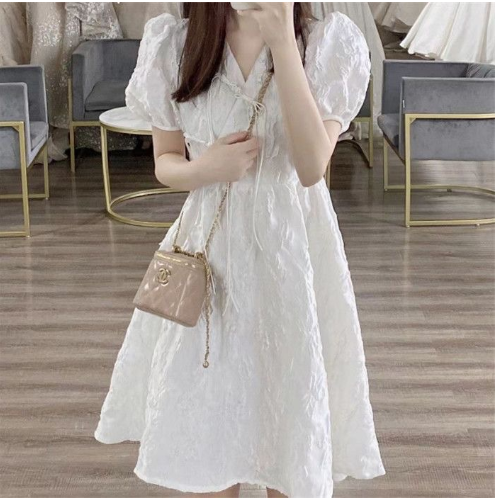 French Style White V-neck Puff Sleeve Dress for Women