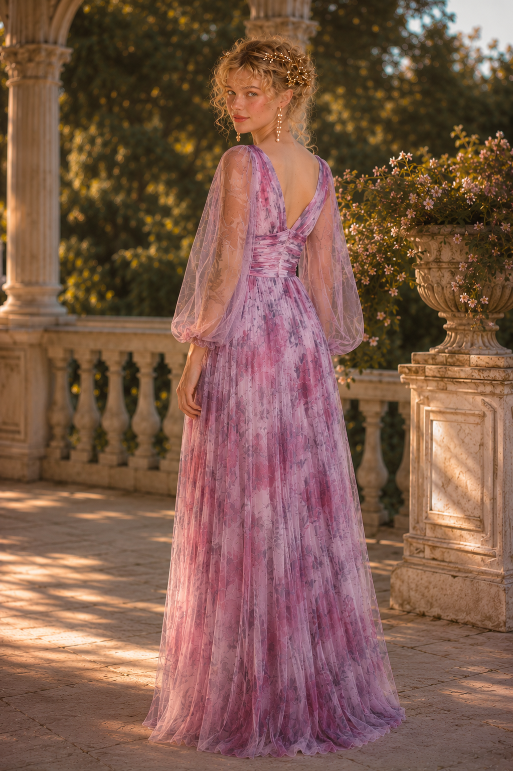 Watercolor Floral Tulle & Chiffon Maxi Dress with Sheer Sleeves