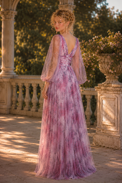 Watercolor Floral Tulle & Chiffon Maxi Dress with Sheer Sleeves