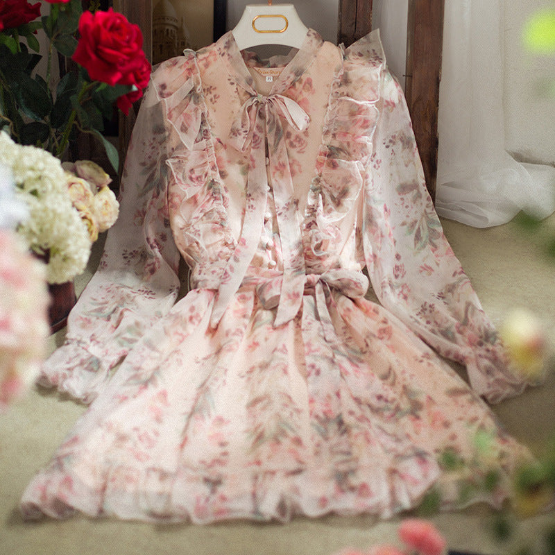 Sweet Floral Bow Neck Ruffled Chiffon Dress