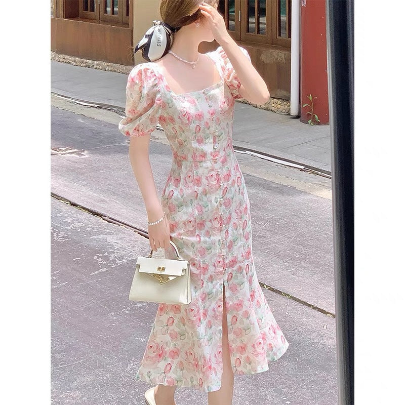 Thin White Bubble Sleeve Pink Floral Dress