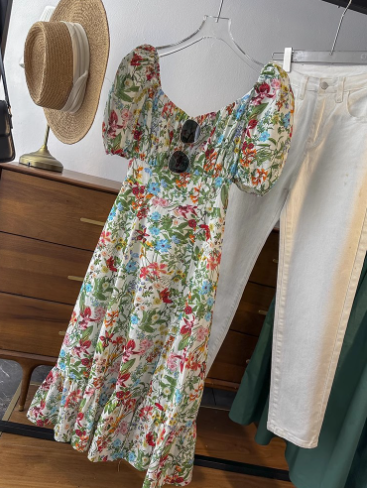 Floral Print Puff Sleeve Linen Mid-Length Dress