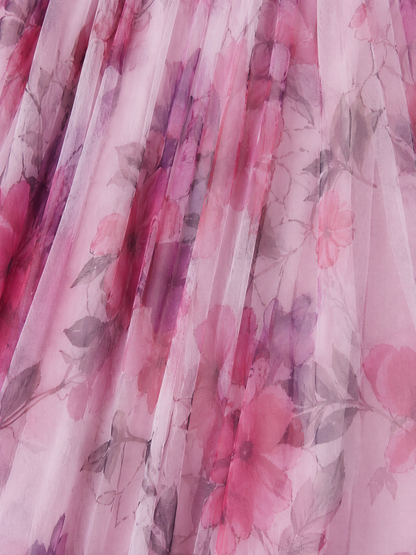 Watercolor Floral Tulle & Chiffon Maxi Dress with Sheer Sleeves