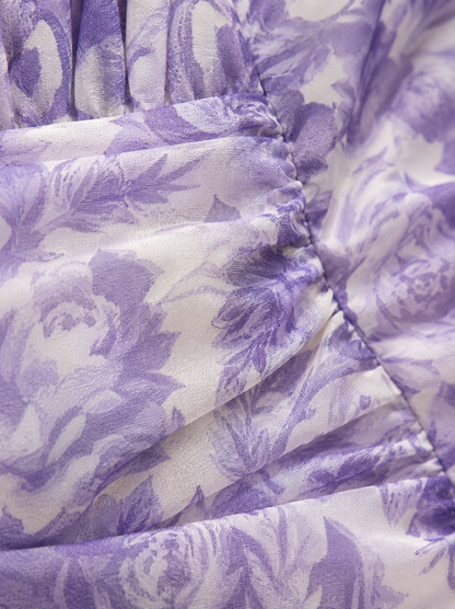 Lavender Floral Print Mini Dress with Puff Sleeves