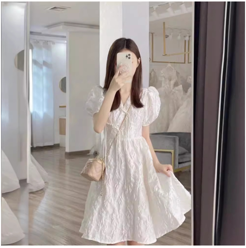 French Style White V-neck Puff Sleeve Dress for Women