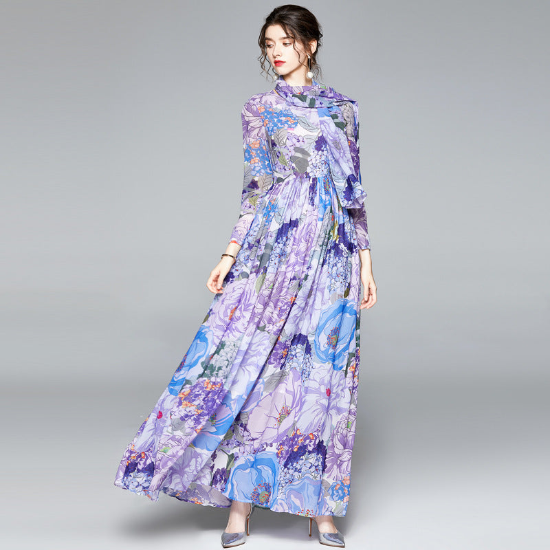 Long Sleeve Floral Chiffon Maxi Dress