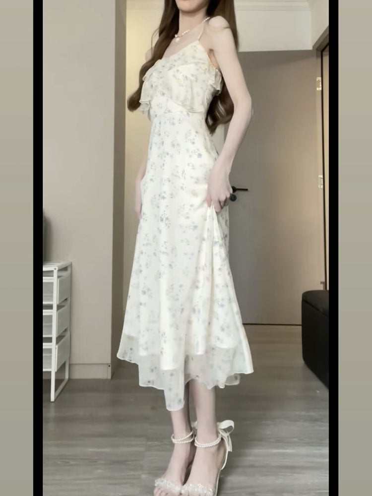 White Chiffon Dress with Flower Strap Detail
