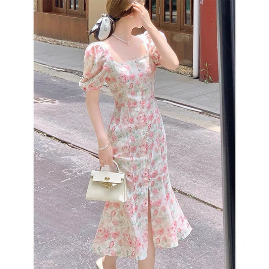 Thin White Bubble Sleeve Pink Floral Dress