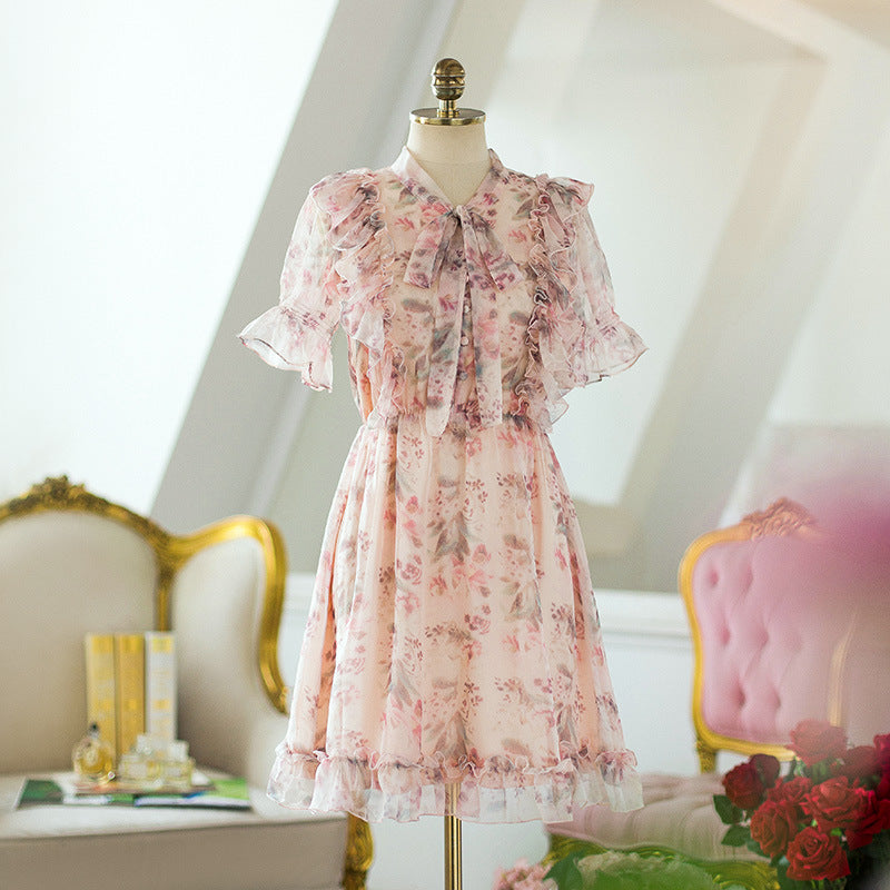 Sweet Floral Bow Neck Ruffled Chiffon Dress