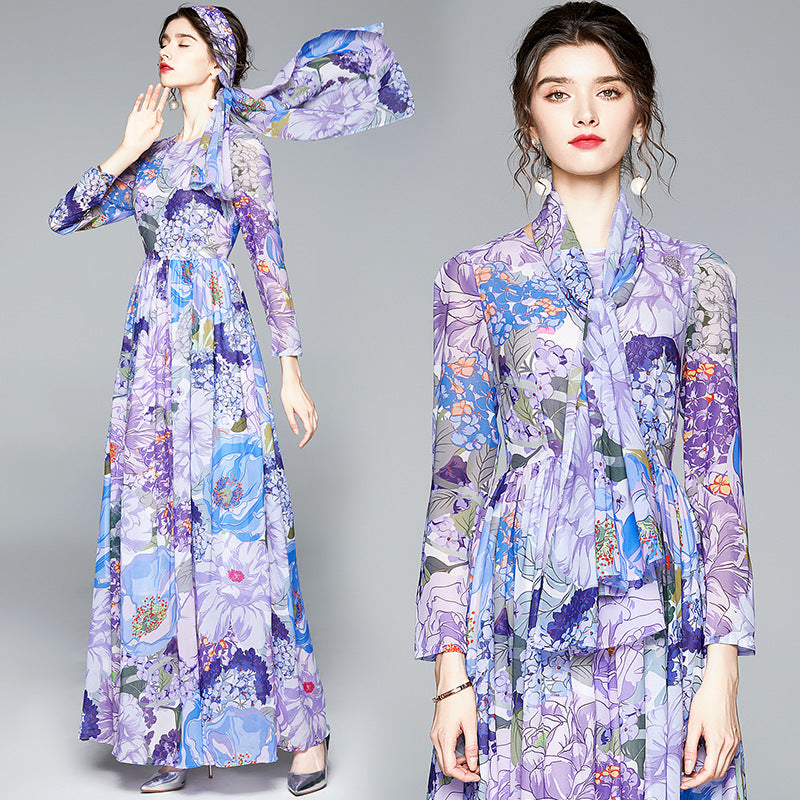 Long Sleeve Floral Chiffon Maxi Dress