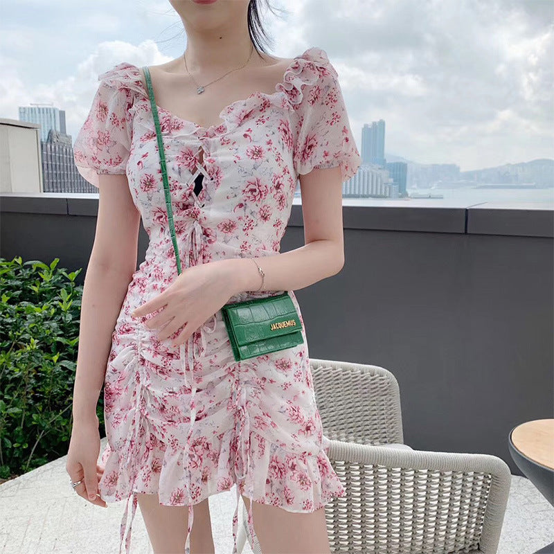 Muses French Puff Sleeve Floral Chiffon Dress