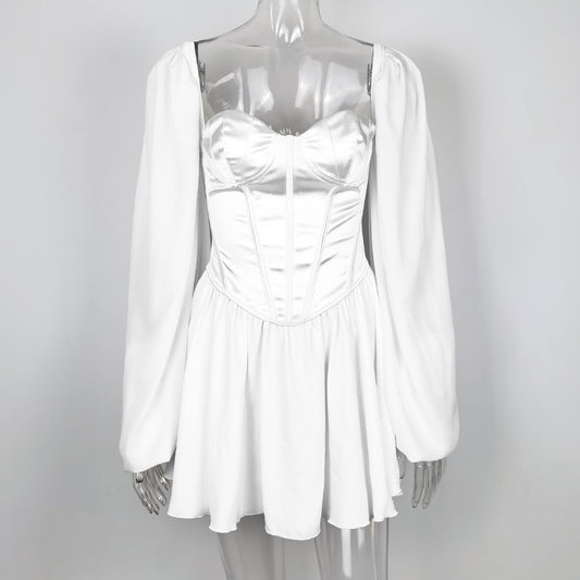 Chiffon Dress, Bodycon Dress, Lantern Sleeve Dress, White Dress