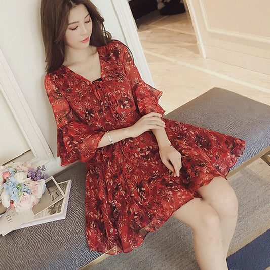 Chic Floral Print Chiffon Dress - Elegant A-line Style