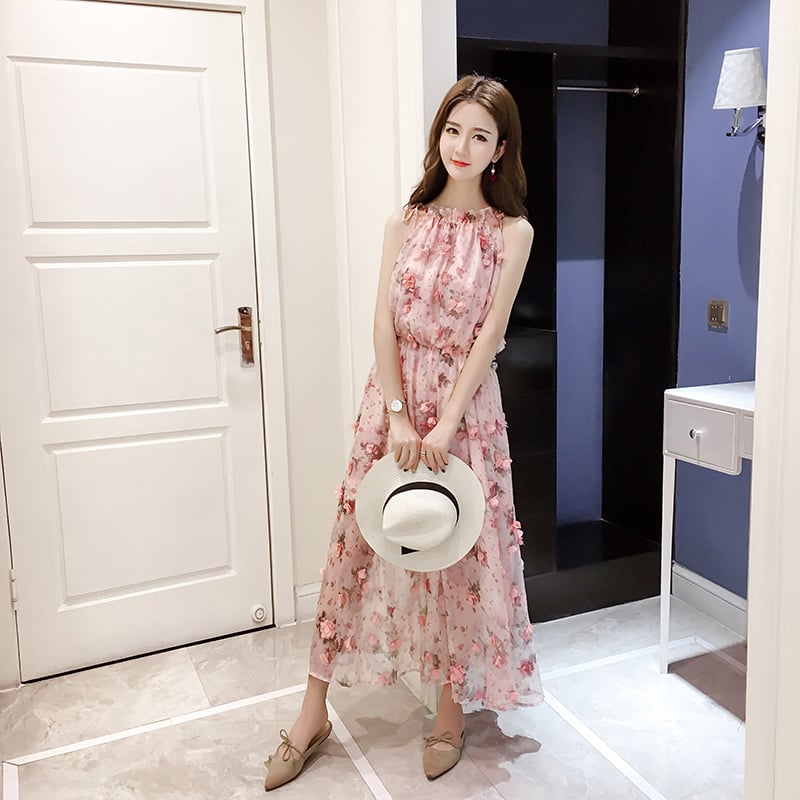 Sleeveless Floral Chiffon Suspender Dress for Women