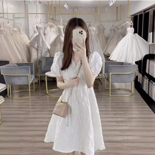 French Style White V-neck Puff Sleeve Dress for Women