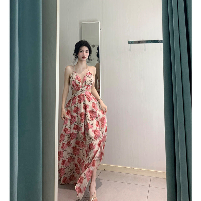 2024 French Style Floral Chiffon Backless Dress