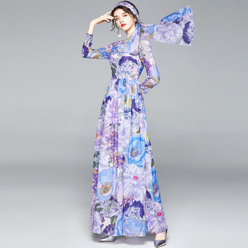 Long Sleeve Floral Chiffon Maxi Dress