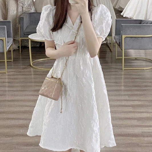 French Style White V-neck Puff Sleeve Dress for Women