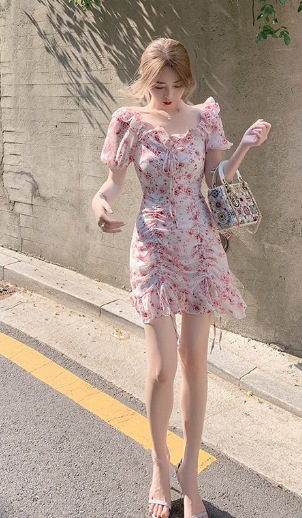 Muses French Puff Sleeve Floral Chiffon Dress
