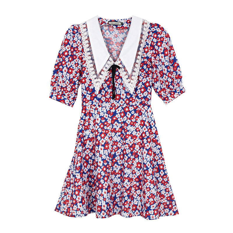Retro French Style Puff Sleeve Floral Dress for Women
