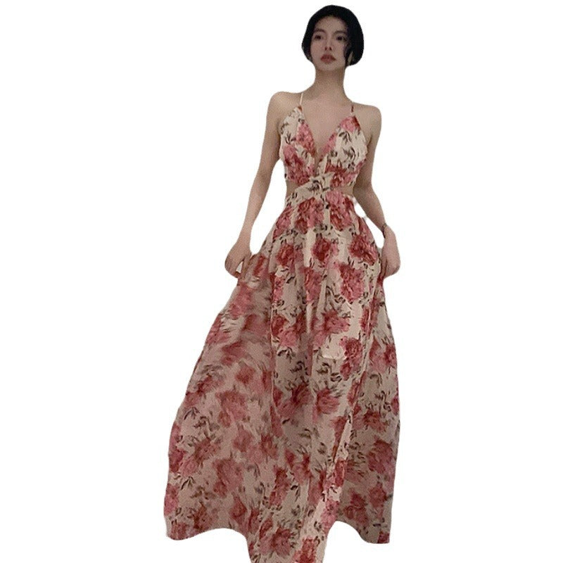 2024 French Style Floral Chiffon Backless Dress