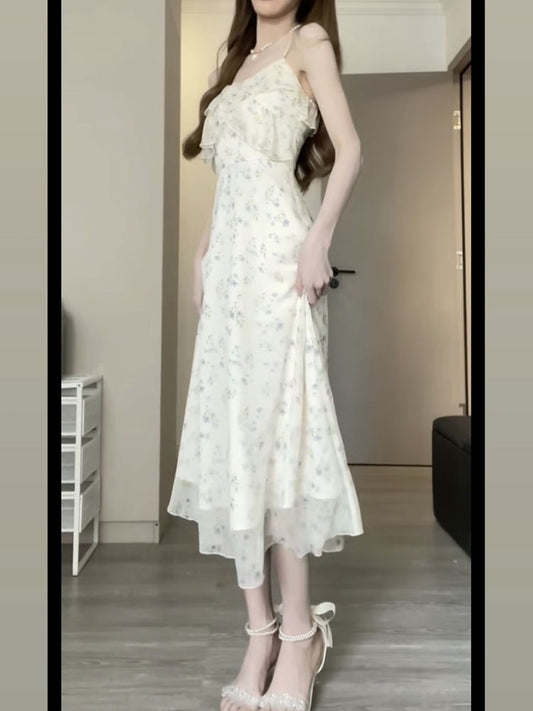 White Chiffon Dress with Flower Strap Detail