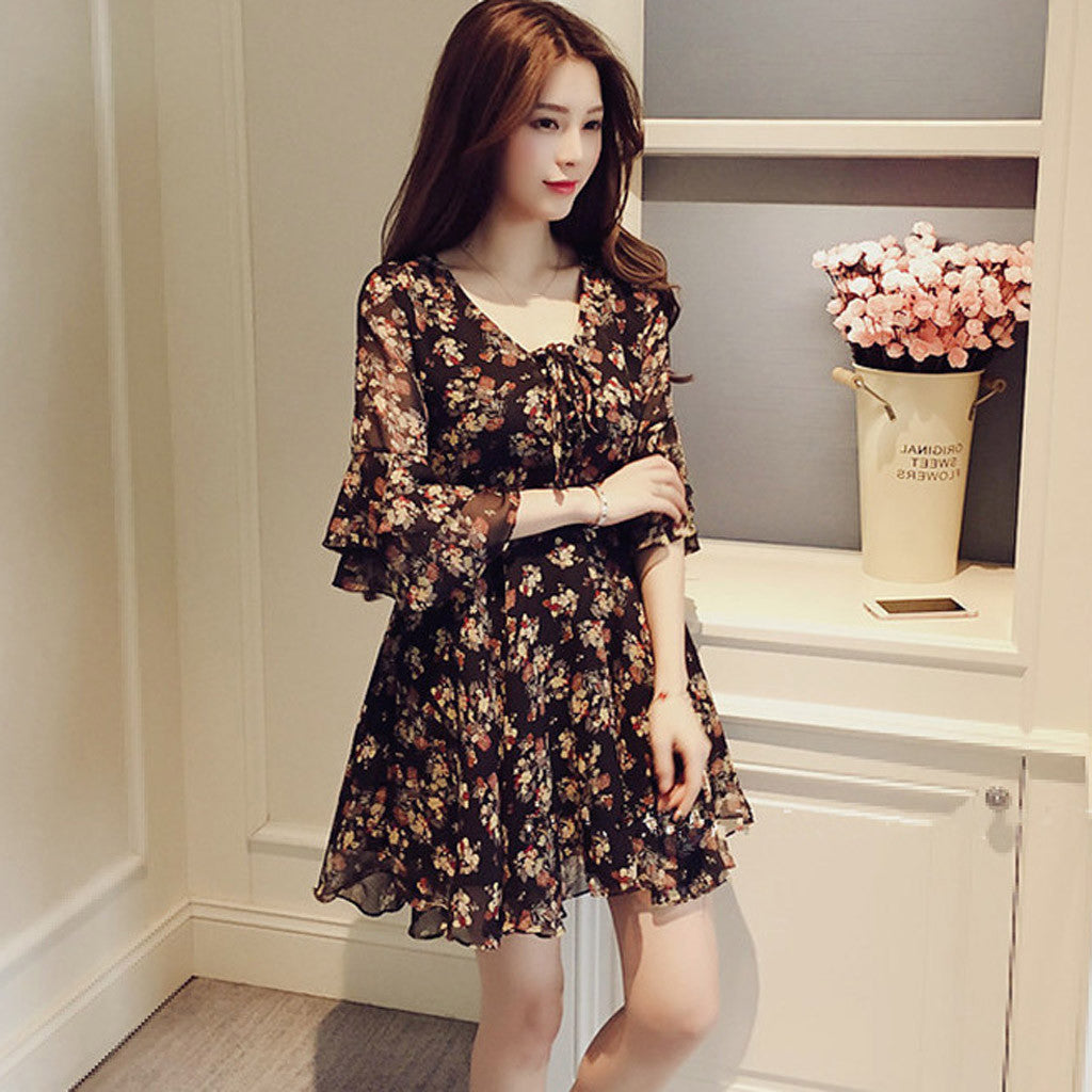 Chic Floral Print Chiffon Dress - Elegant A-line Style