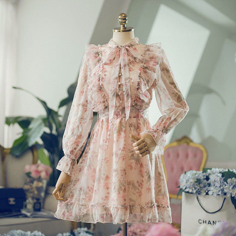 Sweet Floral Bow Neck Ruffled Chiffon Dress